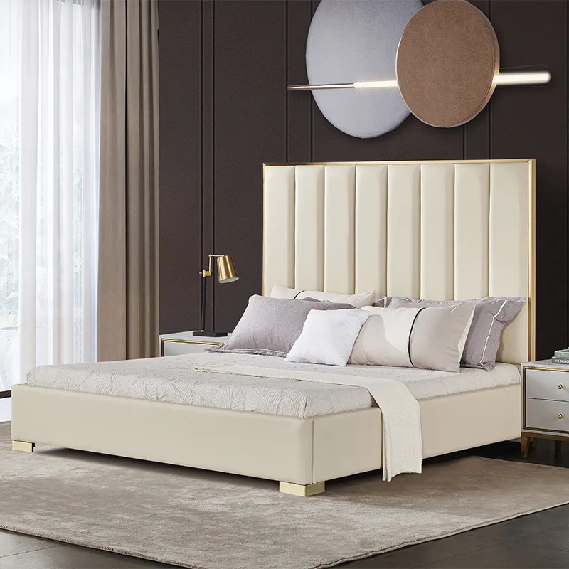 Collection Modern | Contemporary Velvet Upholstered Bed with Deep Channel Tufting and Polished Gold Metal Frame, Cream, King