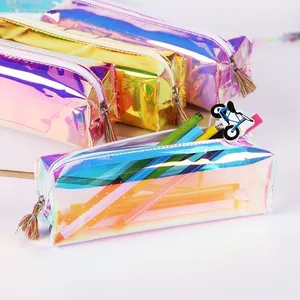 Custom Waterproof Clear Students Pencil Case Holographic Makeup Bag Plastic Zipper Pencil Pouch For School