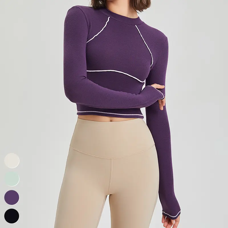 Kaus Yoga lengan panjang wanita, pakaian Fitness lari bernafas, warna kontras, atasan Crop kecil leher tinggi