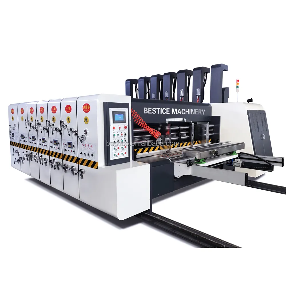 Máquina de ranurado y troquelado de impresión de caja de cartón corrugado de papel flexo industrial de 4 colores de alimentación al vacío automática de alta velocidad