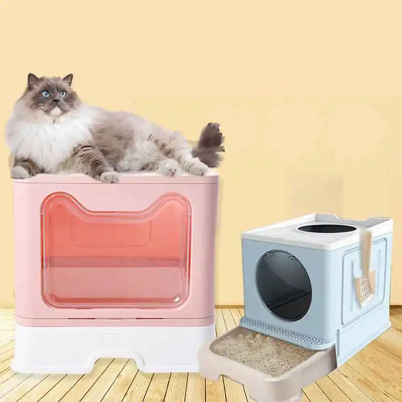 Bac à Litière Pliable Fermé pour Chat, Grand Bac à Litière Anti-éclaboussures avec Pelle et Tiroir, Accessoire pour Chat