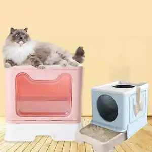 Caja de arena plegable cerrada para gatos al por mayor, caja de arena grande antisalpicaduras con pala y cajón, caja de arena para gatos, accesorio para gatos