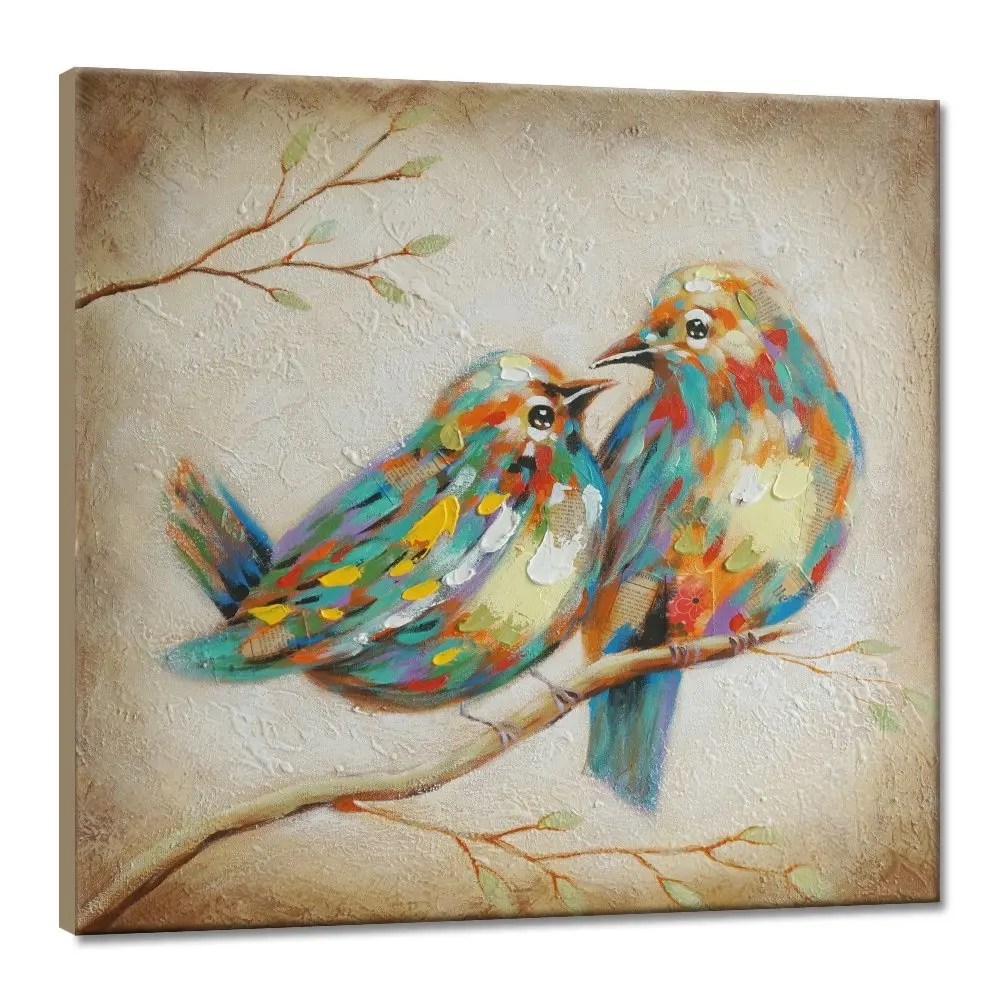 100% Hand Painted Modern Vintage Art Animal Colorful Paintings of Birds Stretched Frame Wall Art Ready to Hang