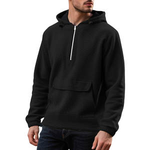 Sweat-shirt à capuche mi-zippé pour homme de qualité supérieure, couleur unie, doublé en polaire épaisse, poche cargo, pull-over - Product Image 3