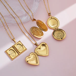 Collier Pendentif Double Face Texturé Porte-Photo pour Femme, Couleur <span class=keywords><strong>Or</strong></span>, Médaillon Cœur, Ras-du-Cou Fleur, Cadeau Couple - Product Image 2