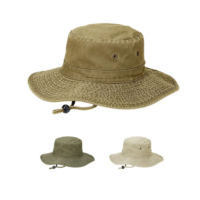 Pigment teint sergé lavé en gros Logo personnalisé mode pêcheur casquette Boonie Gorras soleil pêche seau chapeau
