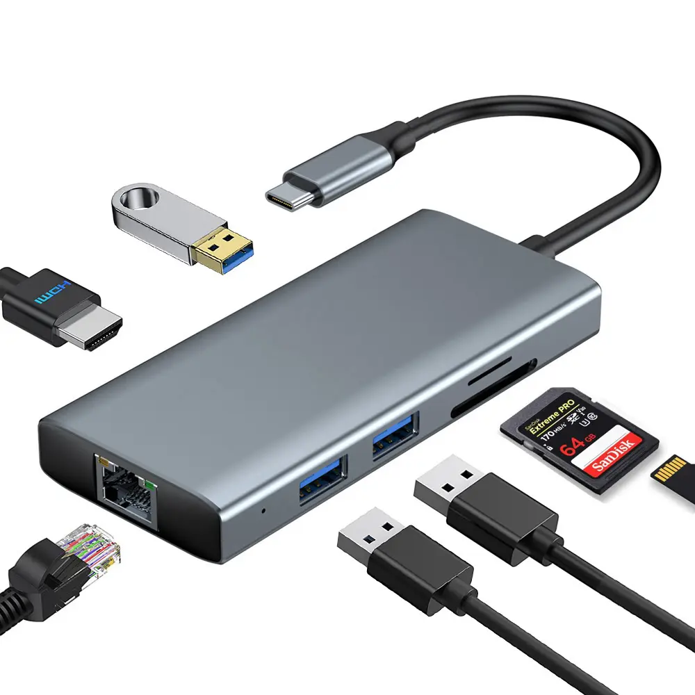 Adaptor USB C 7 dalam 1 Baru ke 1Gbps 1000M RJ45 LAN Adaptor Multiport 4K HDTV 2 USB 3.0 Pembaca kartu hub Tipe c SD/TF