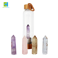 Bouteille d'eau personnalisée en verre avec couvercle en bambou et pierres précieuses, logo personnalisé, emballage, capacité 450 ml/550 ml, style moderne et luxueux