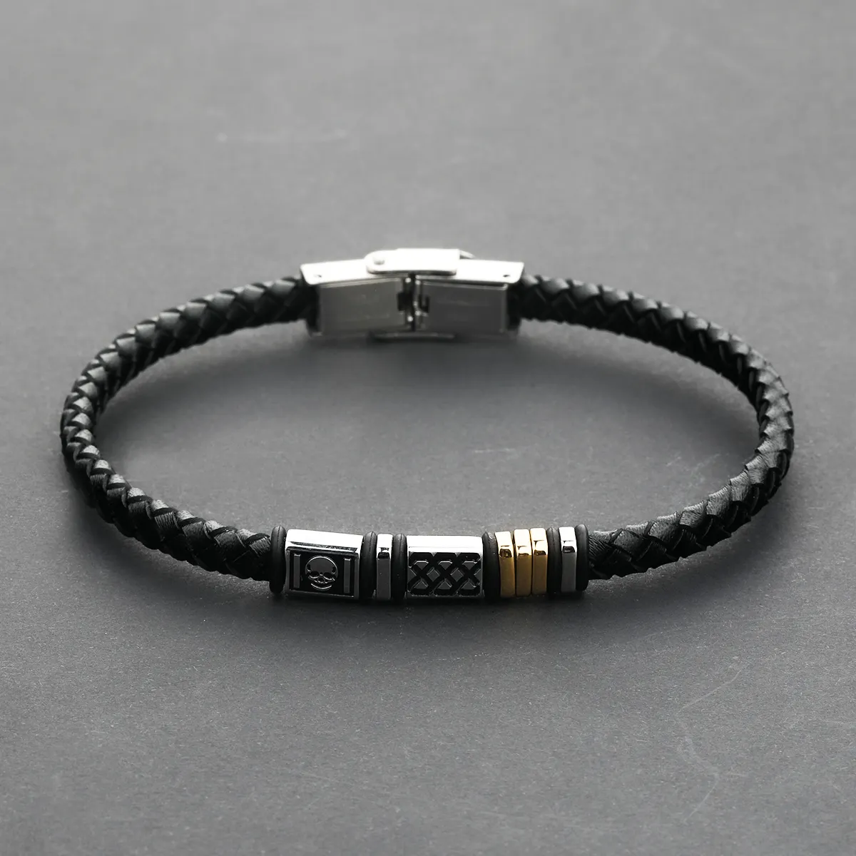 ELIO New Hip hop Leather Bracelet Mens Stainless Steel Gold And Silver Skull Braided Leather Bracelet Bangle