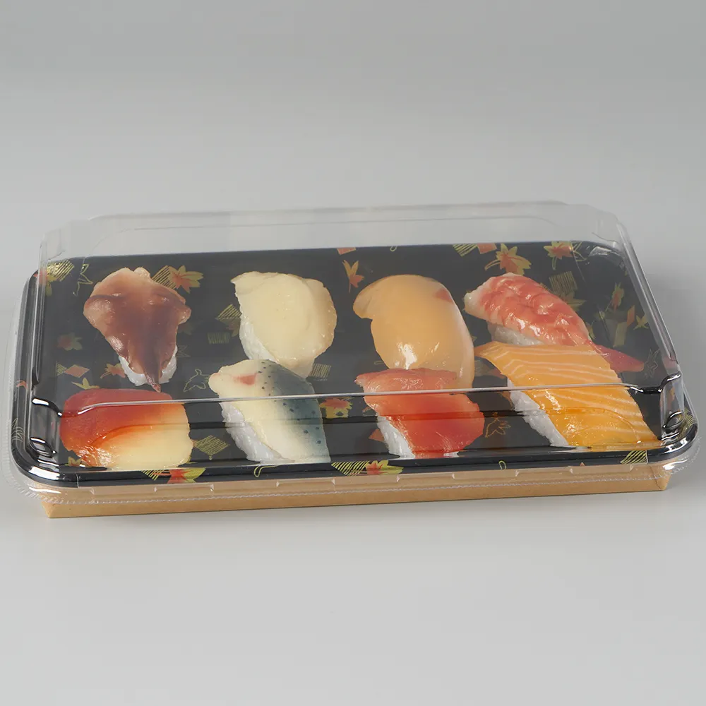 Aanpassen Logo Afdrukken Japanse Stijl Kraftpapier Sushi Tray Take Away Box Wegwerp Sushi Plaat Met Petdeksel