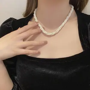 Woying Mehrstrang-Perlenkette rund gedrehtes Glas weiße Perlenkette