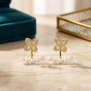 Trendy Vintage Women's Stud Earrings 192727 <b>Flower</b> Tassel Design Zircon Pearl Pave Setting Made Zinc Alloy Brass Stainless Steel - Product Image 2