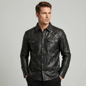 Men's Genuine Leather Shirt <b>Jacket</b> Black Snap Button Leather Overshirt Vintage Casual <b>Western</b> Style Outerwear - Product Image 1