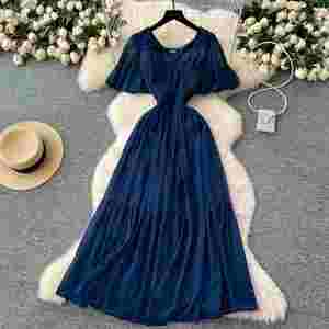 Vestido midi casual de verano vintage con cuello cuadrado, de gasa tejida, corte A, ajustado, para mujer, con cintura imperio - Product Image 3