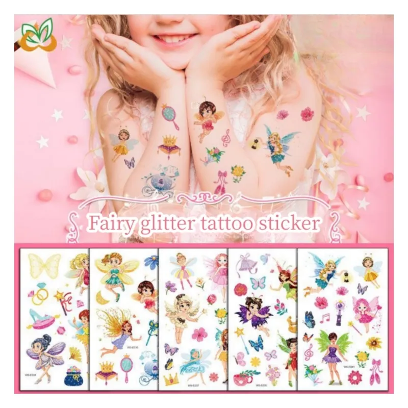 Custom Face Arm Cute Fairy Princess Meninas Tiny Tattoo Sticker Impermeável Não Tóxico Temporário Fairy Glitter Tatuagens para Crianças