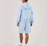 Ensemble de survêtement court pour homme, bleu clair, coupe décontractée, avec sweat à capuche zippé, coupe ample, 100% coton épais, imprimé et brodé de luxe