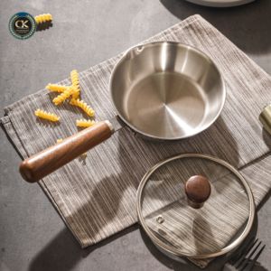 Tri-ply Stainless Steel 316 Walnut Wood Handle Korean Design Round Shape Frying <strong>Pan</strong> with Glass Lid and Non-Stick Wok Cooking <strong>Pan</strong> - Product Image 3