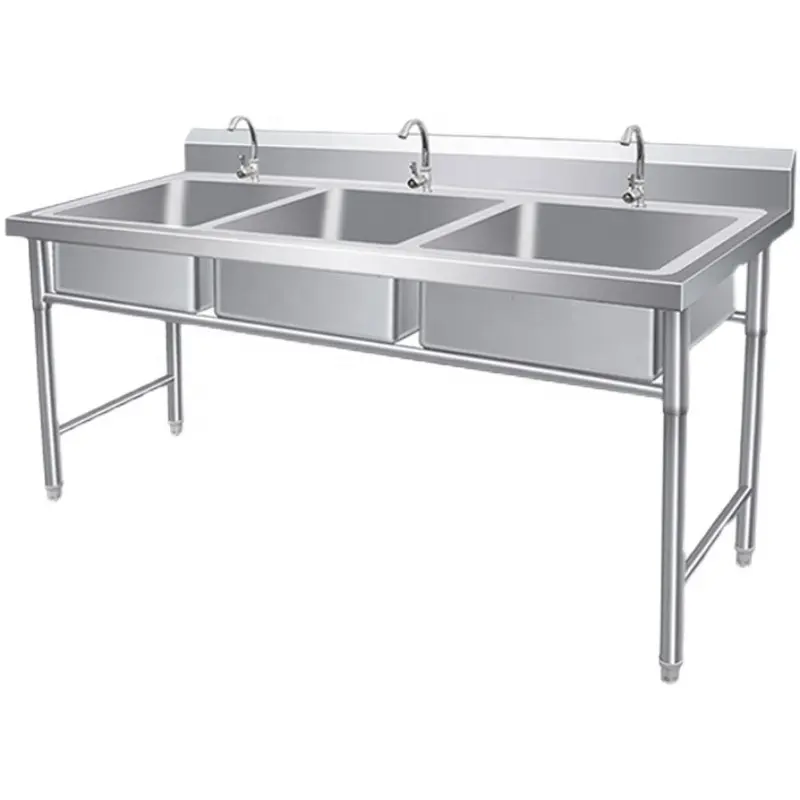 High Level Countertop Stainless Steel Kitchen Sink 304 Stainless Steel Three-slot Scrubbing Pool Vegetable Washbasin Sink