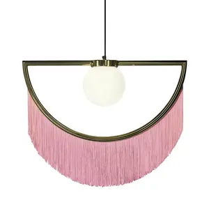 Fancy modern decorative fabric shade hanging lamp stylish dreamy pink tassel fringe half pendant light for dining room