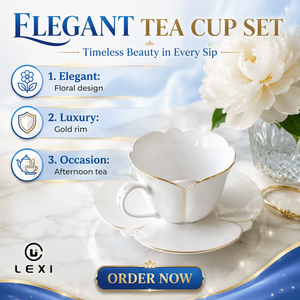 Tazza <span class=keywords><strong>da</strong></span> <span class=keywords><strong>Tè</strong></span> in Ceramica di Lusso con Petali di Giglio e <span class=keywords><strong>Piattino</strong></span> con Bordo Dorato, Resistente al Calore, in Fine Porcellana per Casa, Ufficio e Feste - Product Image 2