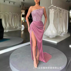 Green <b>Sequined</b> One-Shoulder Asymmetric Evening Gown With High Slit For Dating Elegant Formal Dress - Product Image 2