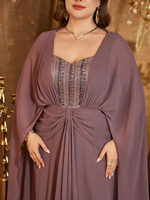 Robe de soirée maxi élégante pour femmes grandes tailles, col cœur, manches cape, sequins, patchwork, mousseline de soie, coupe ajustée, avec long châle