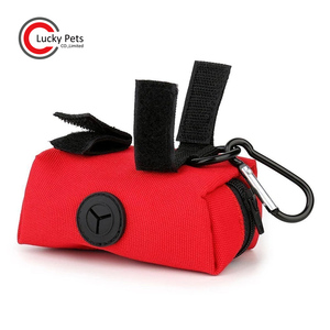 Red fabric zipper poop bag dispenser for cat dog pet poop bag holder with carabiner clip