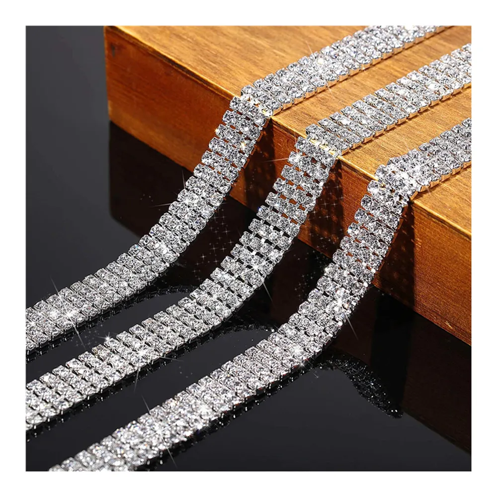 Wholesale 10 Yards 3MM Crystal Claw Chain Diamond Necklace 3 Row Rhinestone Cup Chain Trimming Roll