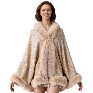 Women Sparkly Sequins <b>Wrap</b> Shawl Elegant Cloak with Faux Fur Trims Winter Warm Cape for Wedding Travel Night Out - Product Image 2
