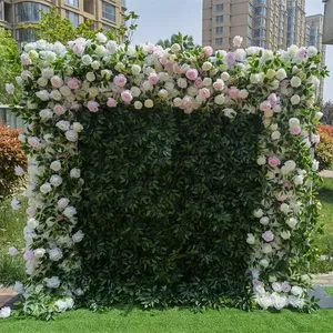 E- Custom wedding backdrop event decor flower wall artificial faux green pink rose flower panel salon decor
