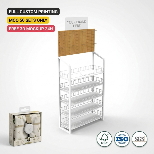 Wholesale Custom Metal Eco-friendly Shopping Bag Display Stand Retail Store Pegboard Hook Rack with Baskets Floor Display Shelf