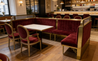 Meubles de restaurant de luxe, structure en acier inoxydable avec banquette de restaurant en acrylique, banquette droite personnalisée pour steakhouse, bistro