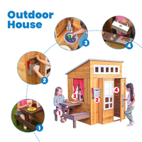 Casa de Juegos de Madera para Niños, Cocina de Juguete Montessori para Niños Pequeños, con Puerta, Ventana, Repisa y Guirnalda, para Jardín o Patio Trasero