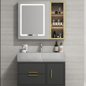 Smart LED <b>Mirror</b> Cabinet Grey <b>Bathroom</b> Vanity One-Piece Ceramic Basin Solid <b>Wood</b> Floor Standing - Product Image 1