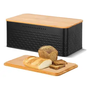 Home Kitchen Metal Bread Storage Container With Bamboo Lid Usable As Cutting Board Breadbox Tin Holder For Kitchen Countertop
