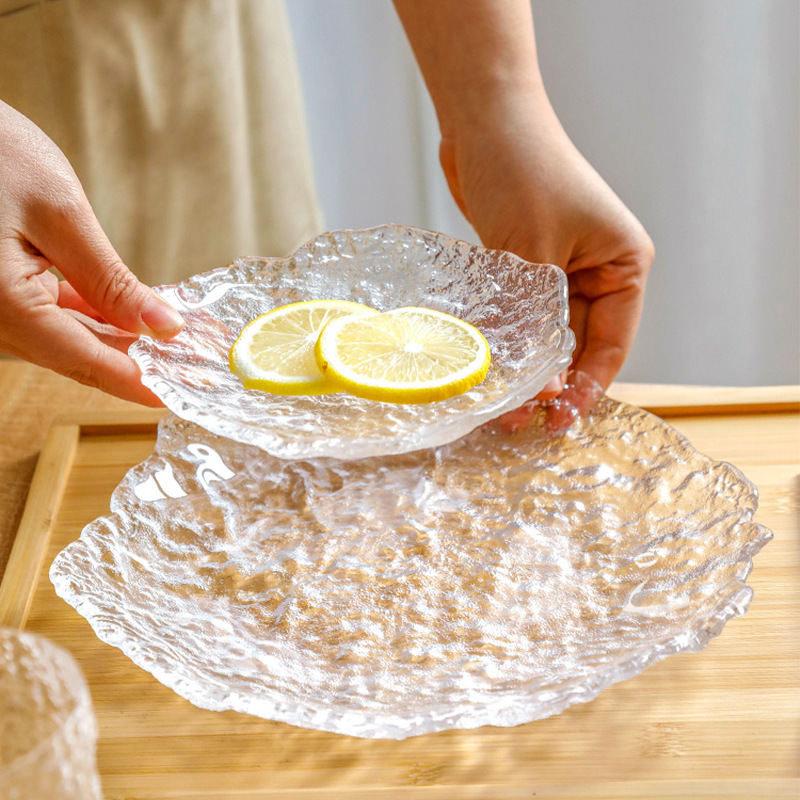 Plato de cristal con textura de hielo para fruta y postre, transparente, hecho a mano, japonés, fiesta, moderno, 7 días