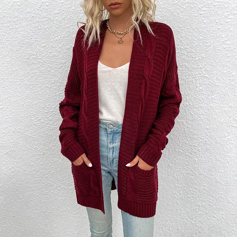 HDZ107262 Top Rated Women's Cable Knit Long Cardigan Autumn Sweater Cardigan with Pockets Textured Knit Long Sweater Coat