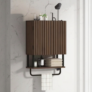 Meiyani Farmhouse Salle de bain cannelée suspendue au mur 2 portes Armoire de rangement pour toilettes à médicaments à 3 niveaux avec étagère réglable - Product Image 3