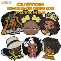 Fabricant de patchs, faible MOQ, patchs personnalisés à repasser, dessin animé, fille noire, broderie, fleurs, formes de cœur, tissu en toile, fils métalliques