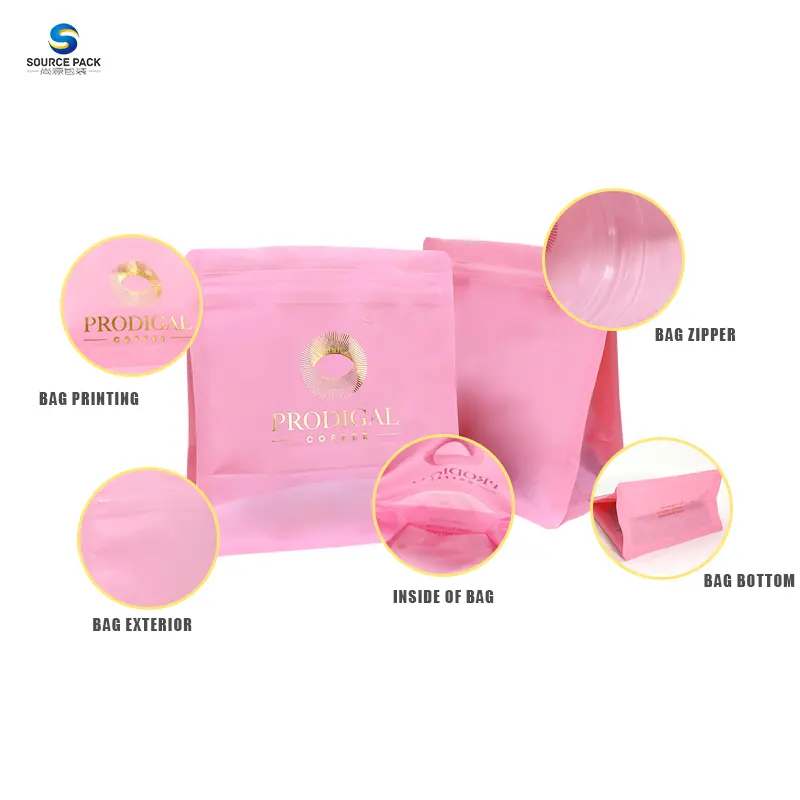 사용자 정의 고품질 핑크 컬러 플랫 하단 파우치 커피 포장 가방 상단에 지퍼와 커피 가방