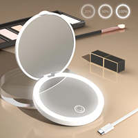 Miroir cosmétique à marque privée, fabrication sur mesure, logo personnalisé, LED portable, miroir de maquillage pliable à double face, grossissant, à intensité variable