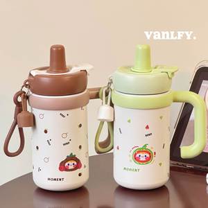 แก้วน้ำสแตนเลสลายการ์ตูนพร้อมหูจับ สายคล้องคอ และหลอดดูด แก้วกาแฟพกพา - Product Image 2