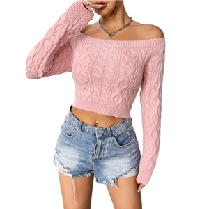Pull court sexy à manches longues en tricot uni pour femmes, tendance - Product Image 1