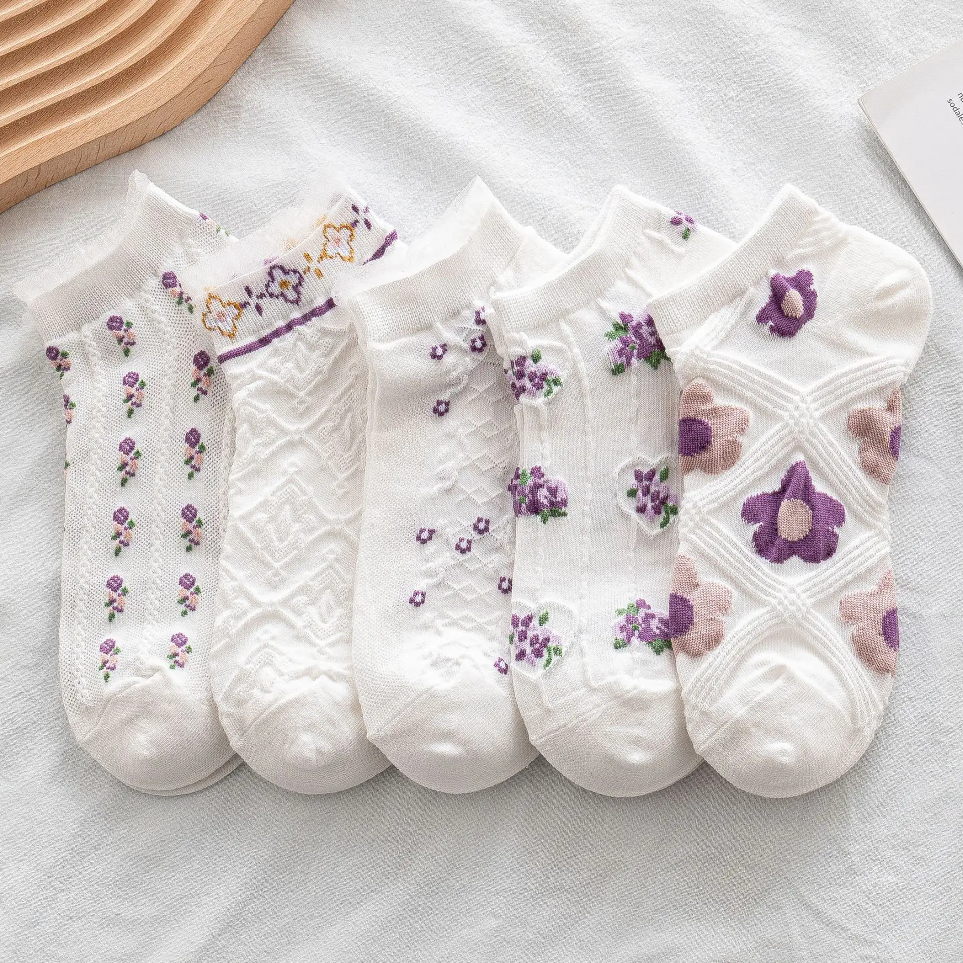 Calcetines bonitos de encaje personalizados para mujer, calcetines tobilleros transpirables de punto de algodón jacquard con flores para niña