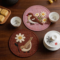 Sous-verre créatif en caoutchouc imprimé effet tissé, style chinois, isolant thermique, anti-brûlure, antidérapant, rond, pour tasses et thé