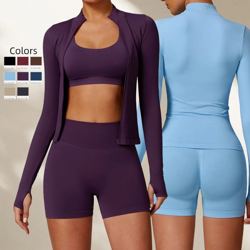 Women's Stand Neck Long Sleeves Yoga Jacket Seamless Full Zipper Windproof Slim Sports Running Top High Stretch Solid Gym Coat