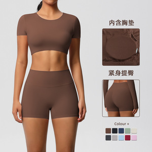 Vêtements d'entraînement personnalisés pour femmes ensembles de fitness de gymnastique haut court de Yoga sans couture et pantalon deux pièces brassière Pad Shorts grande taille costume de Yoga - Product Image 6