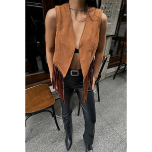 Chaleco de Gamuza Marrón con Flecos, Bordado y Logotipo Vintage en Tela Tejida, Corto, para Trajes - Product Image 4