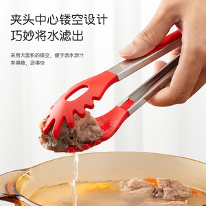 Plump Silicone Stainless Steel Tongs Heat Resistant Red Food Gripper For BBQ Steak Outdoor Cooking - Product Image 1