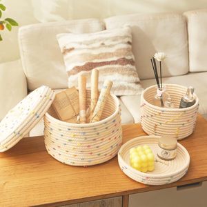 Woven Storage <b>Basket</b> With Lid Round Beige With Dots Handmade For Toys And Snacks Organizer - Product Image 2